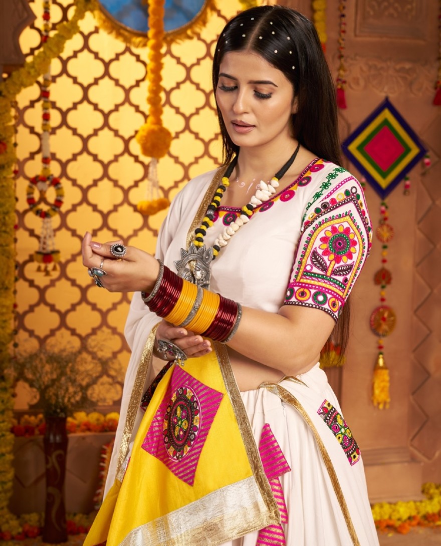 11043-white  - Garba Elegance in white Patchwork Splendor